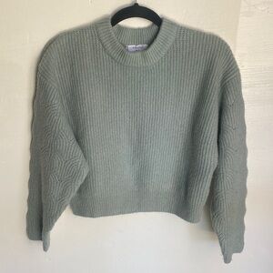 Elodie Sage Green Crewneck Sweater with Cable-Textured Sleeves romantic